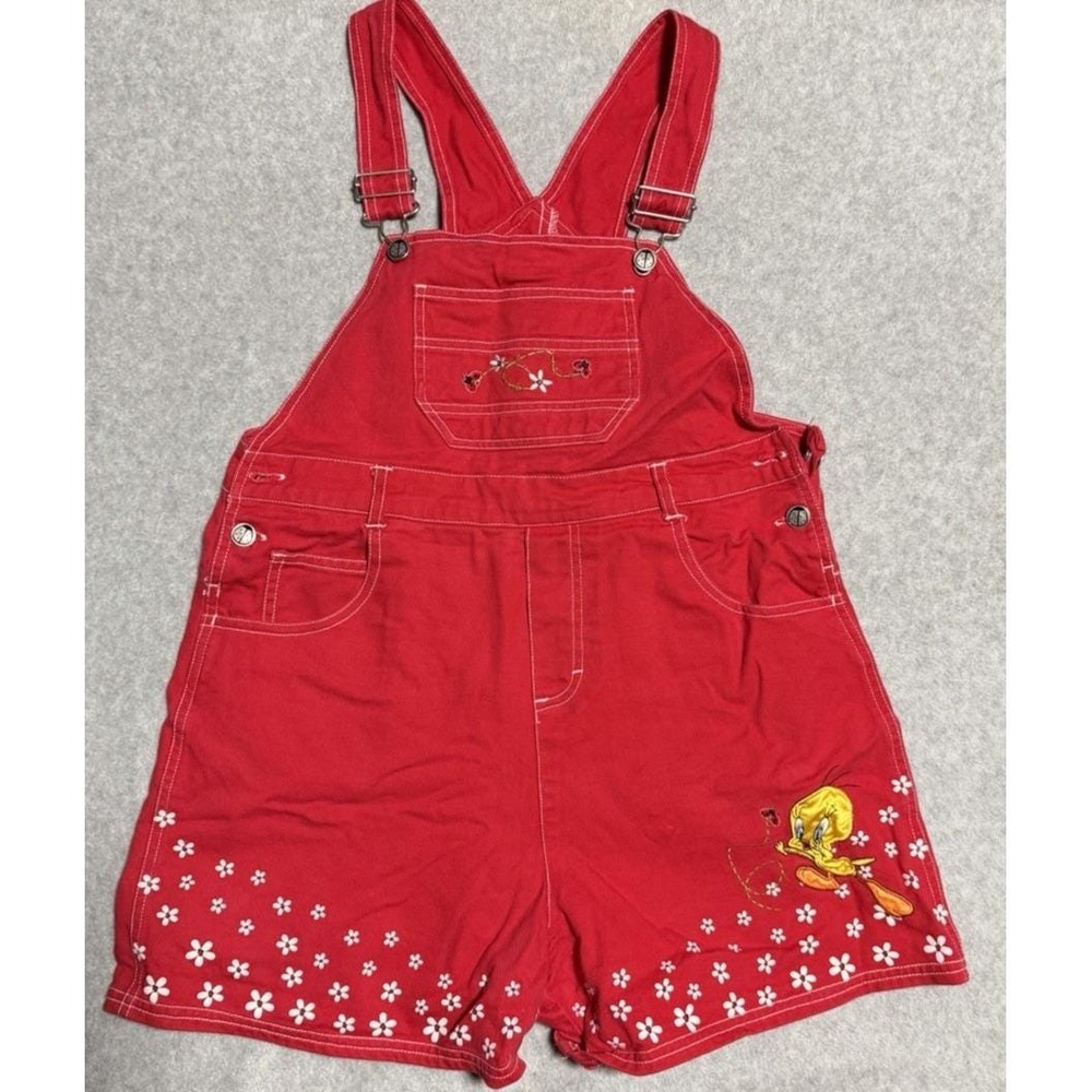 VTG 90s Looney Tunes Tweety Ladybug Red Short Overalls Girls 14/16 Embroidered